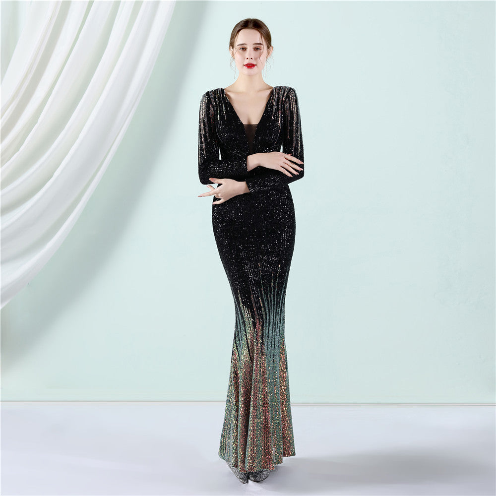 Sofya 19037 # Gradient Beaded Long Sleeve Evening Dress Spring/Summer New Fashion Long Sequin Dress Toast Dress