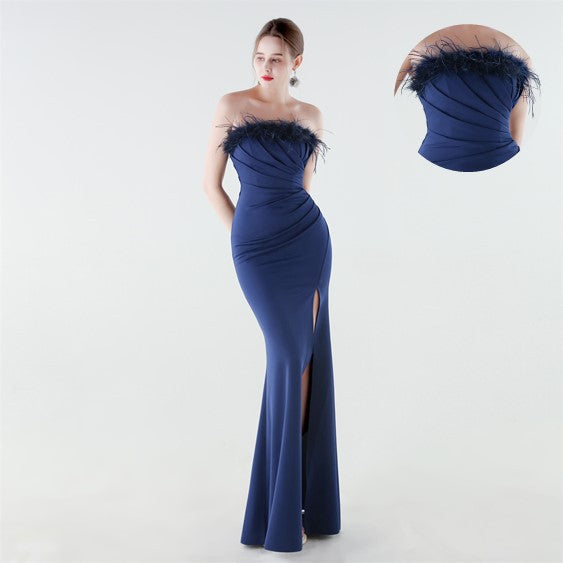 33985 # New Style Strapless Feather Slim Fishtail High-Slit Evening Gown for Banquets