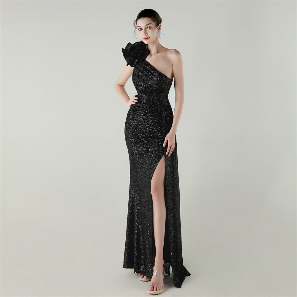 33639 # One-Shoulder Sequin Craft Flower Beaded Slim Fishtail Evening Dress Award Ceremony High-End Social Dress