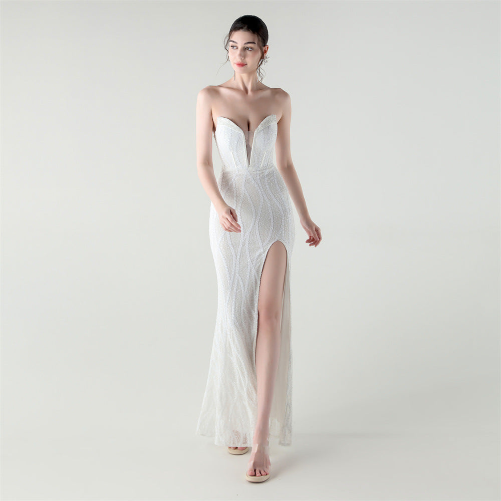 33261# new fishbone waist heavy-duty beaded heart-shaped collar bright piece evening dress luxury banquet evening dress