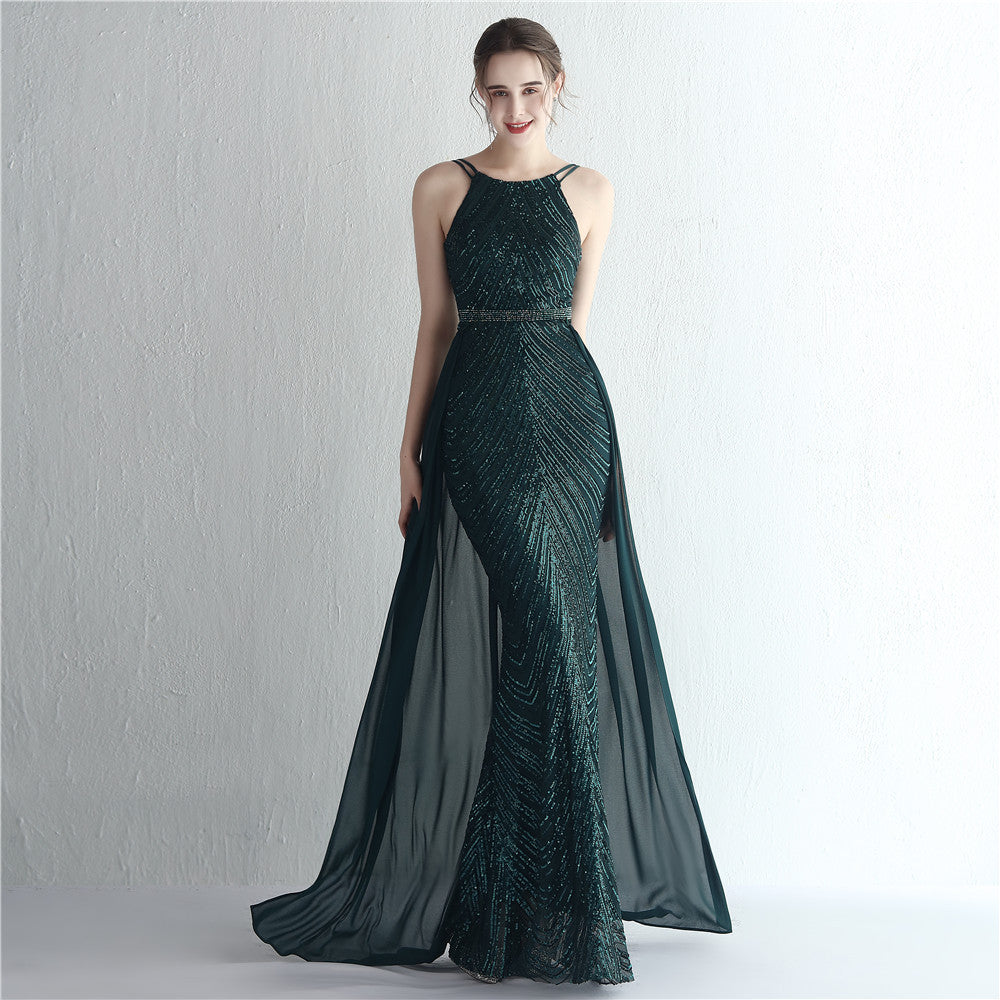 Sofya 19223 # Positioning Floral Sequin Chiffon Skirt with Beaded Halter Neck Style, Elegant and Cool, Long Sequin for Ladies' Banquet