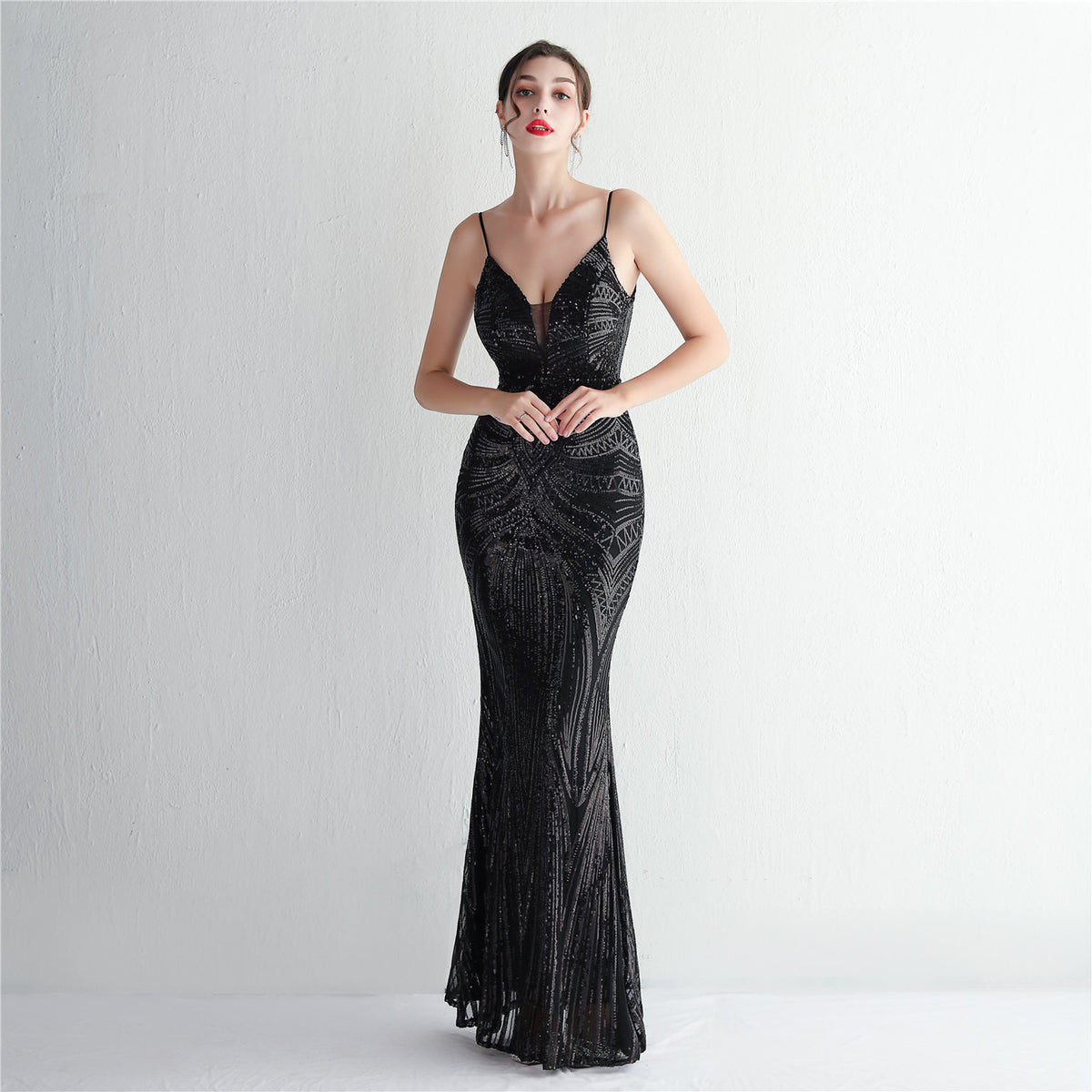 Sofya 19330 # New Style Spaghetti Strap Evening Gown with Sequins, Long Slim-Fit Evening Dress for Parties, Elegant and Graceful