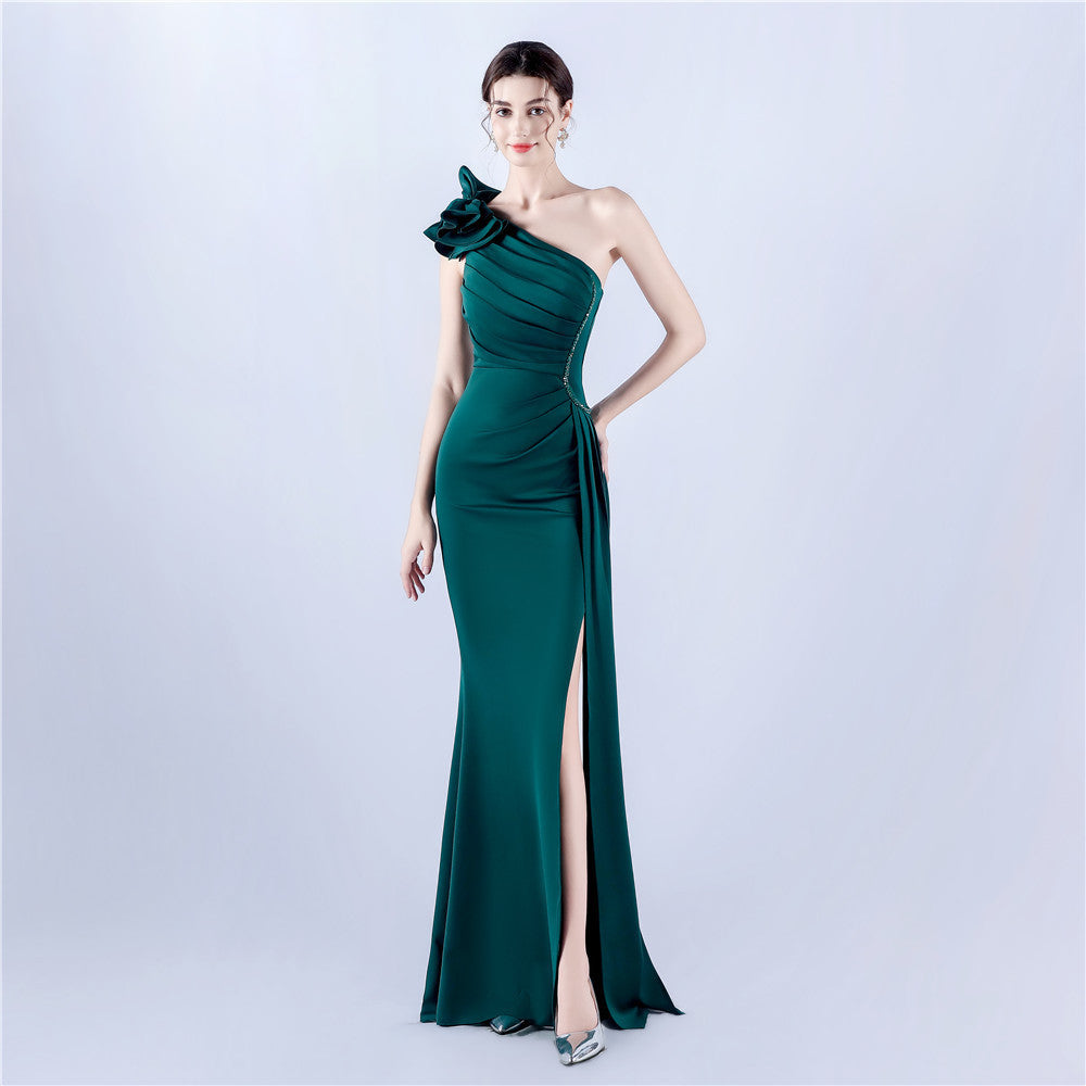 Sofya 31992# New Dress Lotus Shoulder Oblique Neck Craft Bead Hot Drilling Evening Dress Annual Celebration