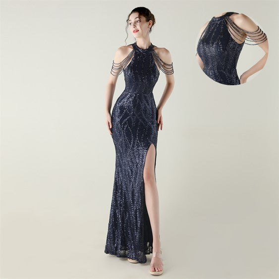 33660 # Sequin Craft Beaded Evening Dress Off-Shoulder Halterneck Fishtail Skirt Socialite Style Light Luxury Slimming