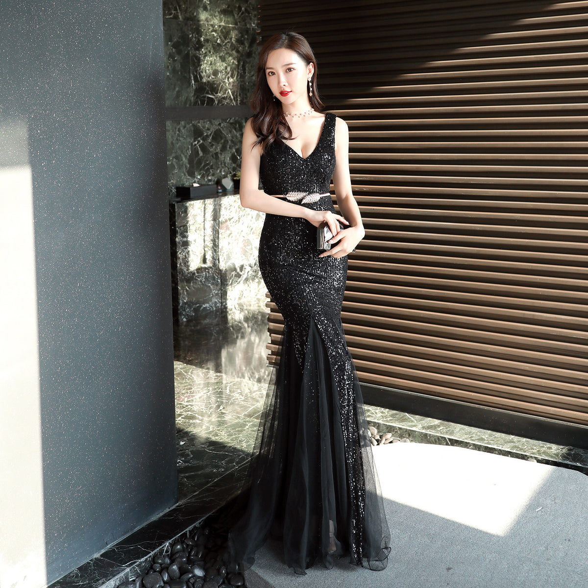 Sofya 16538 # Evening Dress for Women, New Banquet Style, Elegant and Long Fishtail Sequin Dress for the Annual Party