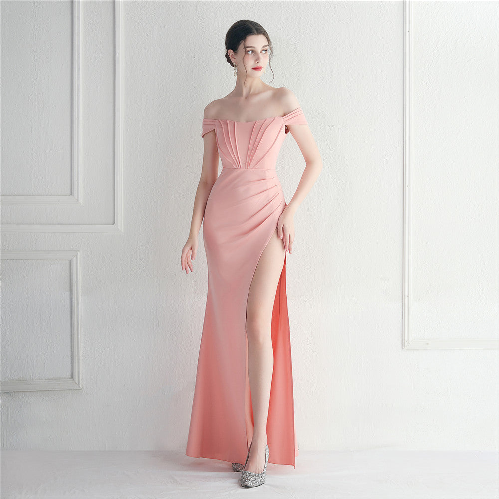 Sofya 19725 # Ready-Made Off-Shoulder One-Line Collar Slit Nightclub Dress Wedding Dinner